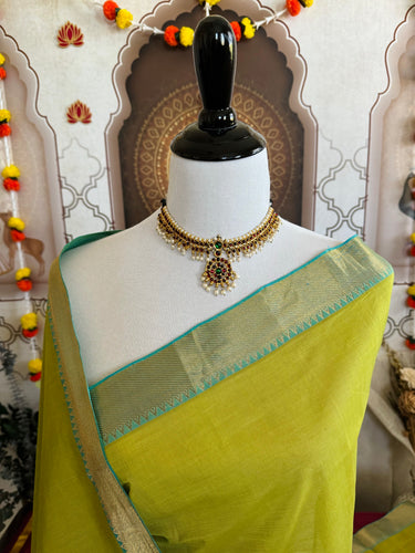 Handwoven Mangalgiri Cotton Saree | Chartreuse | Gold Zari | Handwoven | Ships from California